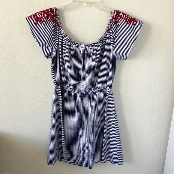 Miami Blue & White Stripe Mini Dress W/ Red Embroidery On/Off Shoulder SzS- EUC - Picture 2 of 6